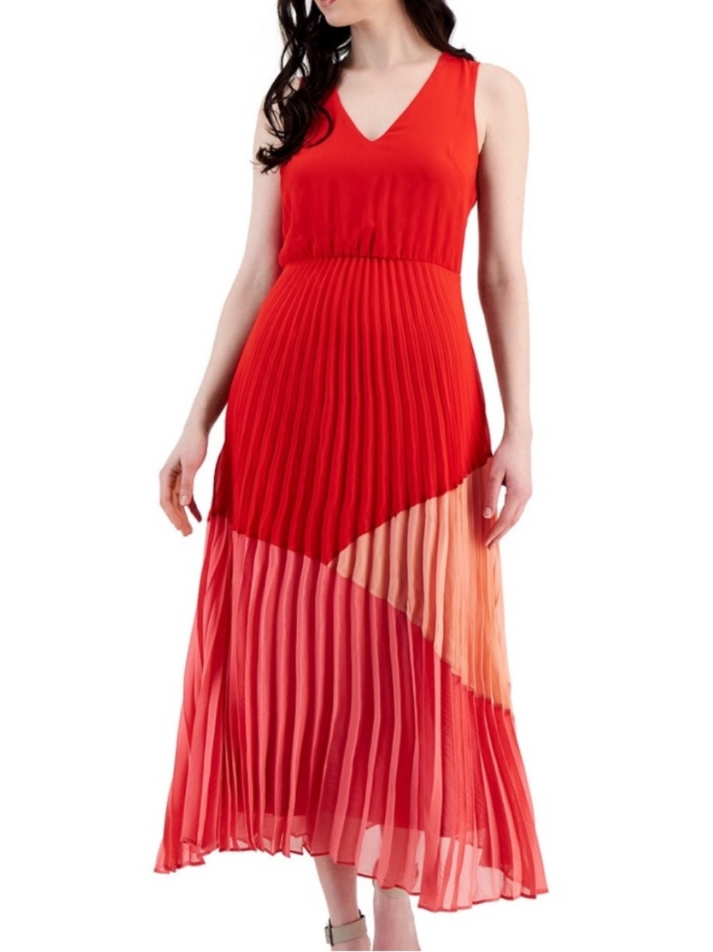 Taylor Colorblock Pleated Maxi Dress Coral Pink Sleeveless XL